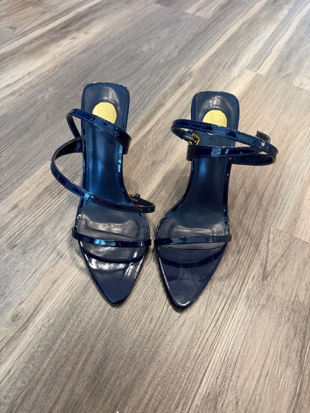 Amazon Navy Patent Strappy Pointed Toe Heels